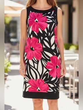 Dressbarn Floral Shift Dress Size 6 Black Pink Sleeveless Pockets